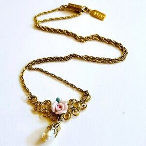 VTG 1928 Collection pink rose pearl Necklace dainty collar Regency style 15"